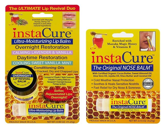 InstaCure's Original Nose Balm Fast Relief for Cracked, Dry & Sore Noses! Ultra-Moisturizing Lip Repair Duo. Calming Lavender & Vanilla Overnight Lip Mask + Cooling Sweet Vanilla Mint Daytime Lip Balm-VivaGrace Women