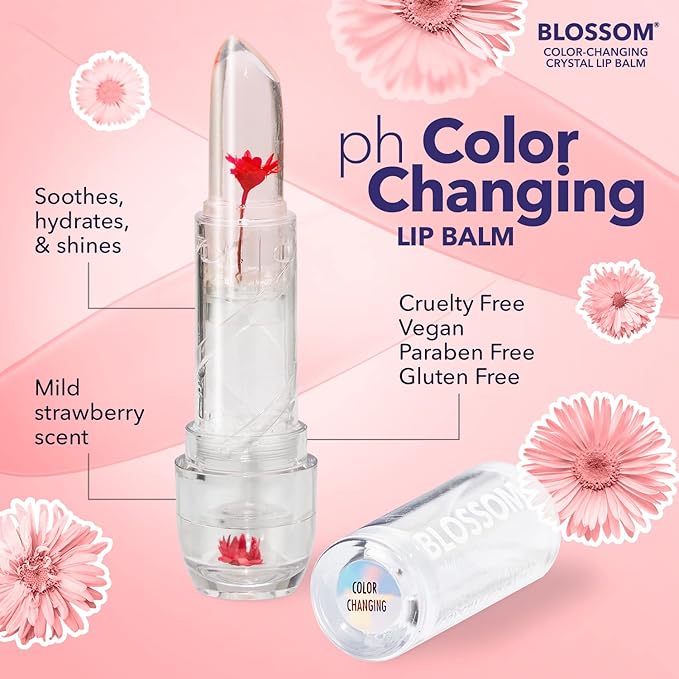 Blossom Moisturizing Custom Color Changing 2 pack, Strawberry Scented Crystal Lip Balm (Red), Shimmer Sparkle Lip Stain Tint (Blush), Infused with Real Flowers, 6g, Red/Blush-VivaGrace Women
