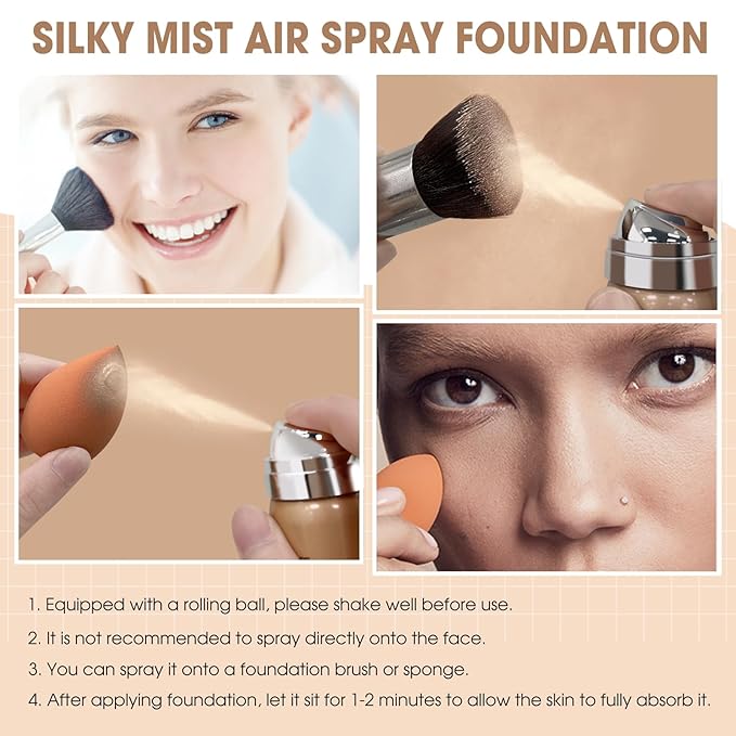 AirBrush Foundation Spray, Silky Mist Foundation Spray Makeup Set with Brush, Full Coverage Foundation for Smooth Radiant Finish, Formula Breathable Lightweight Hydrating | #03 Warm Peach-VivaGrace Women