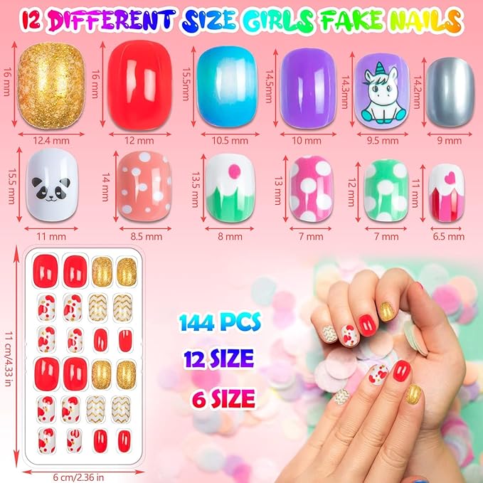 144 Pieces Fake Nails for Kids Girls Artificial Kids Press on Nails Full Cover Short Acrylic Stick On Nails False Nail Tips Kit for Children Little Girls Nail Art Decoration (Sweet Pattern)