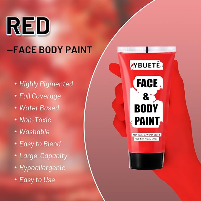 Devil Red Water Based Face Body Paint, 2.37 OZ Large Tube Full Coverage Face Paint for Cosplay Joker Vampire Spiderman, Washable Red Body Painting Cream for Adult Carnival Halloween SFX Makeup-VivaGrace Women
