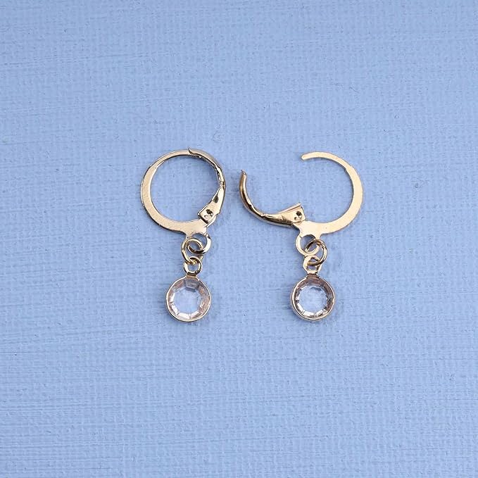 Round Bezel Dangle Earrings Gold Crystal Quartz Earrings Faceted Gemstone Earrings Tiny Circular Leverback Earrings Jewelry for Women and Girls-VivaGrace Women