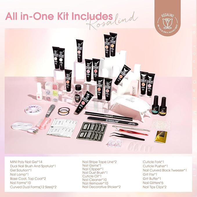ROSALIND Poly Nail Gel Kit -14 Colors +72 Nail Art Accessories kit Nude Pink Poly Nails Gel Kit Starter Kit with Mini UV Lamp Slip Solution Basic Poly Nail Art Tools for Beginners with Everything-VivaGrace Women