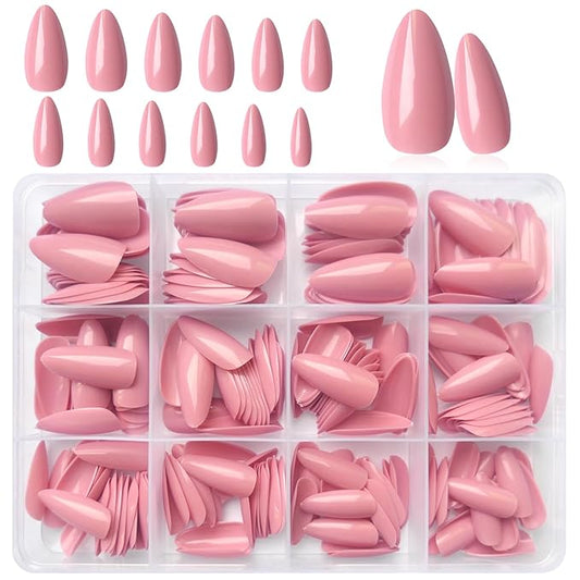 LoveOurHome 240pc Almond Press on Nails Medium Fake Nail Tips Colored Acrylic Nails Press ons Nail Almond Pink Glue Nail Short Stiltto Artificial Fingernail & Glue Adhesive Tabs for Women Girls Kids