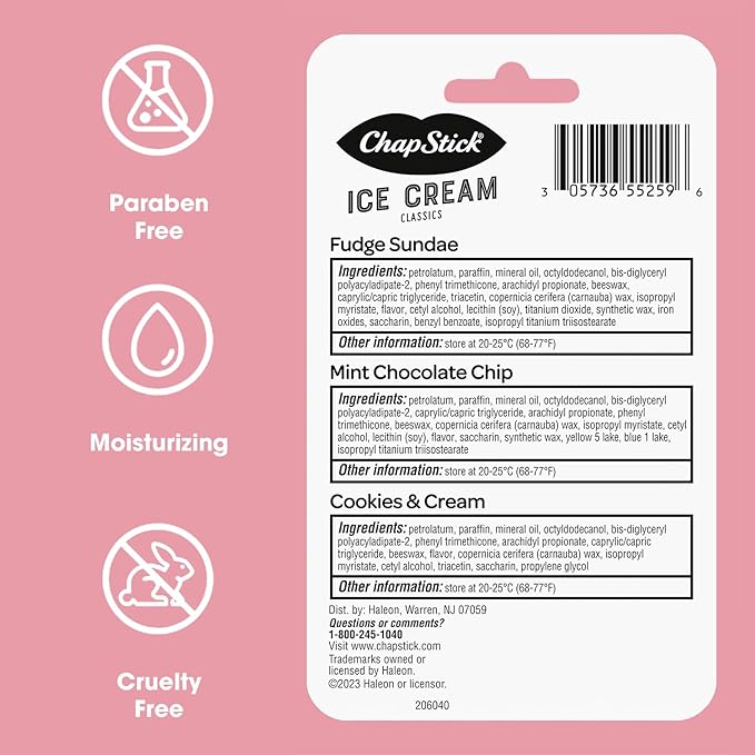 ChapStick Lip Moisturizer, Ice Cream 3-Packs (12 Sets/36 Tubes) - Bulk Lip Balm, Irresistible & Sweet, 0.15 Oz Ea-VivaGrace Women