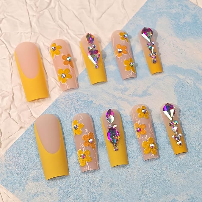 XL Press on Nails,Long Fake Nails Square Press on False Nails with Flower and Rhinestone Design Holiday Gift for Women 24pcs(Nude&Yellow)