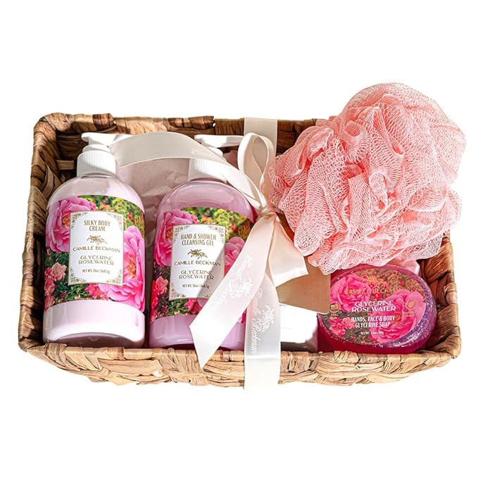 Camille Beckman Essentials Gift Basket, Glycerine Rosewater, Glycerine Hand Therapy 6 oz, Silky Body Cream 13 oz, Hand and Shower Cleansing Gel 13 oz, Glycerine Soap 3.5 oz-VivaGrace Women