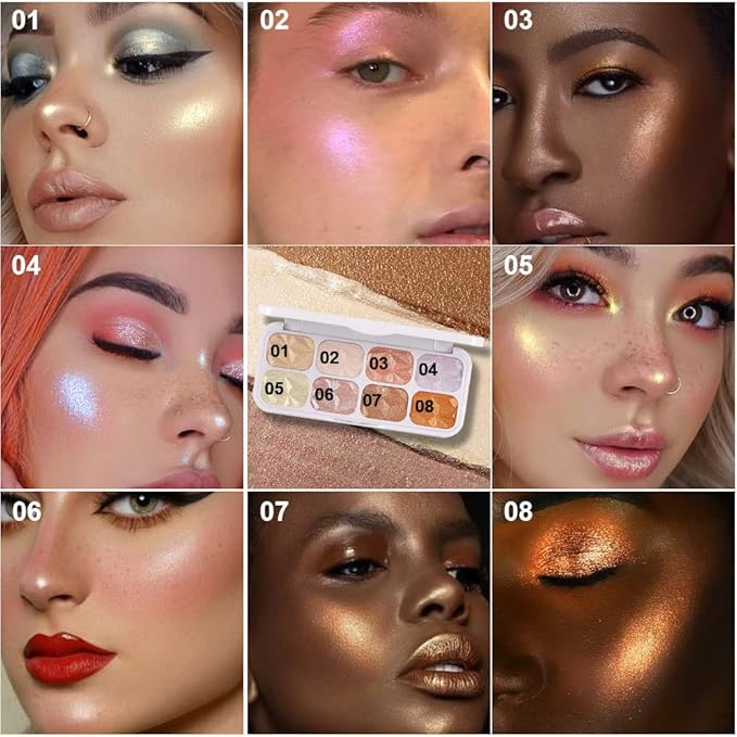 8 Colors Face Body Cheek Diamond Shimmer Highlighter Highlight Makeup Palette iluminadores de maquillaje,Highlighter+Makeup Gold Shimmer Blush Bronzer and Makeup Highlighter Powder C01-VivaGrace Women