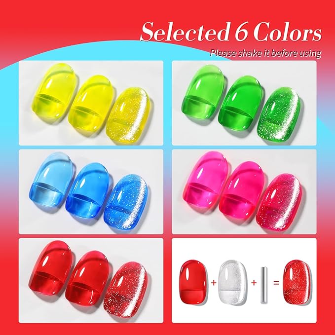 Born Pretty Neon Jelly Gel Nail Polish Glass Crystal Spring Summer Transparent Ice Jelly Gel Polish with Silver Holographic Glitter Cat Magnetic Eye Gel Polish Collection Minicure DIY Gifts 6PCS-VivaGrace Women