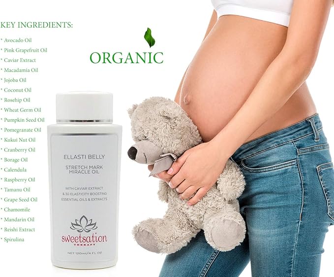 Sweetsation Therapy- Organic EllastiBelly Stretch Mark Miracle Oil, 4oz. Stretch Marks Prevention in Pregnancy With Omega 3,6,9, Vitamins,Amino Acids, 30+ Extracts to Boost Elasticity-VivaGrace Women