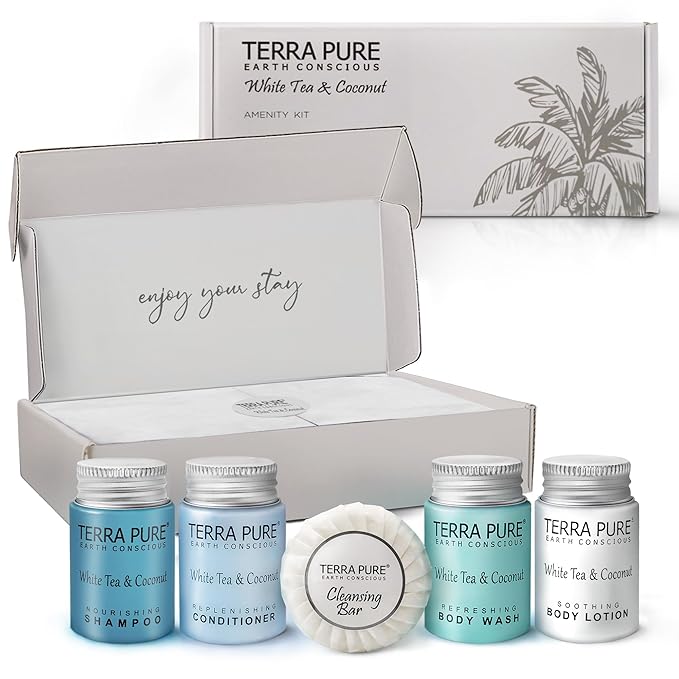 Terra Pure White Tea and Coconut Amenity Kit | Hotel Toiletries | 1oz Travel Size Shampoo, Conditioner, Lotion, Body Wash & Cleansing Bar for Guest Hospitality AirBnB/Vacation Rentals | 1 set/case-VivaGrace Women
