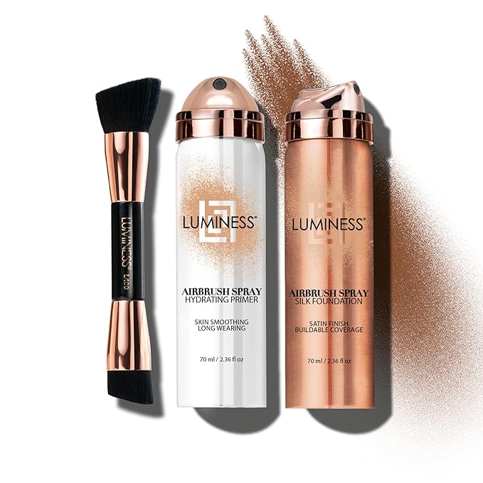 LUMINESS Airbrush Spray Silk Foundation Starter Kit - Deep Rich - Foundation, Primer & Dual-Sided Angled Buffing Brush - Medium, Buildable Coverage, Anti-Aging Formula Hydrates & Moisturizes-VivaGrace Women