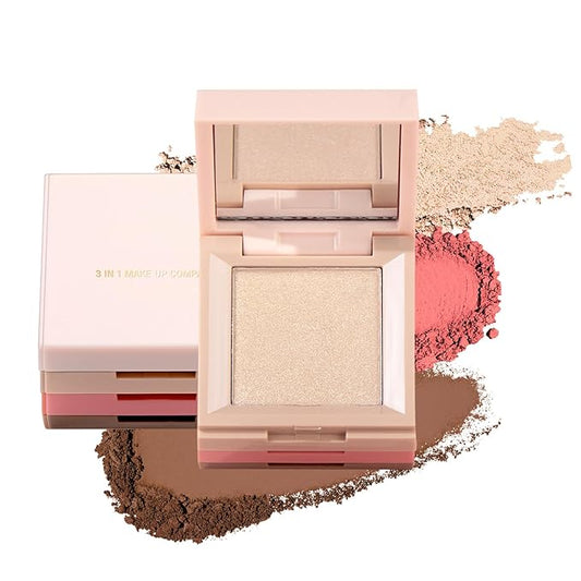 3 in 1 Contour Highlighter Blush Makeup Palette, Shimmer Matte 3 Colors Pigmented Brighten Highlighting Bronzer Blusher Eyeshadow Pallet, Long Lasting Shaping Full Face Eyes Makeup kit with Mirror-VivaGrace Women