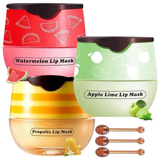 3 PCS Lip Balm Honey Pot, Honey & Apple Lime & Watermelem Lip Mask Vitamin E & Moisturizing Propolis Sleeping Lip Mask Prevention Dry and Cracked Lip Scrubs Exfoliator, Christmas Gifts-VivaGrace Women