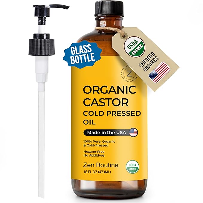 Zen Routine New (Glass Bottle) Organic Castor Oil 16oz – Hexane Free – Hair Growth Oil, Eye Lashes & Stomach, 100% Cold Pressed Unrefined Pure for Castor Pack Wrap – USDA Certified, Made in the USA-VivaGrace Women
