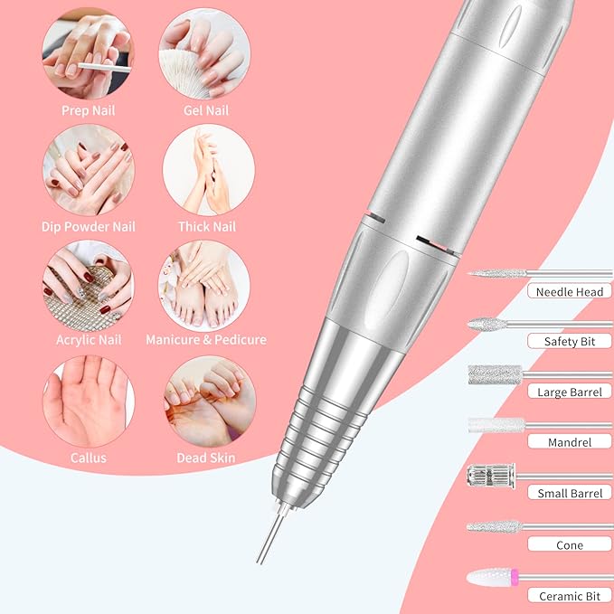 Portable Nail Drill Professional 35000 RPM, MOCOWIND Rechargeable Electric Nail File Machine for Acrylic Nails Gel Polishing Removing, Cordless E-File with Bits Kit for Manicure Salon Home, White-VivaGrace Women