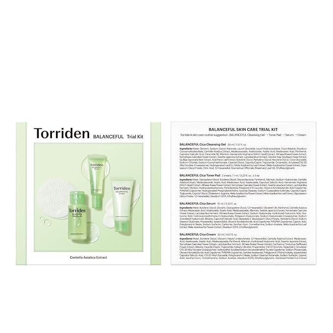Torriden BALANCEFUL Cica Trial Kit, Gotu Kola Infused Daily Skincare Kit - 4 Step Regimen with Cleansing Gel, Toner Pad, Serum, and Cream | Vegan, Hypoallergenic Korean Skin Care-VivaGrace Women