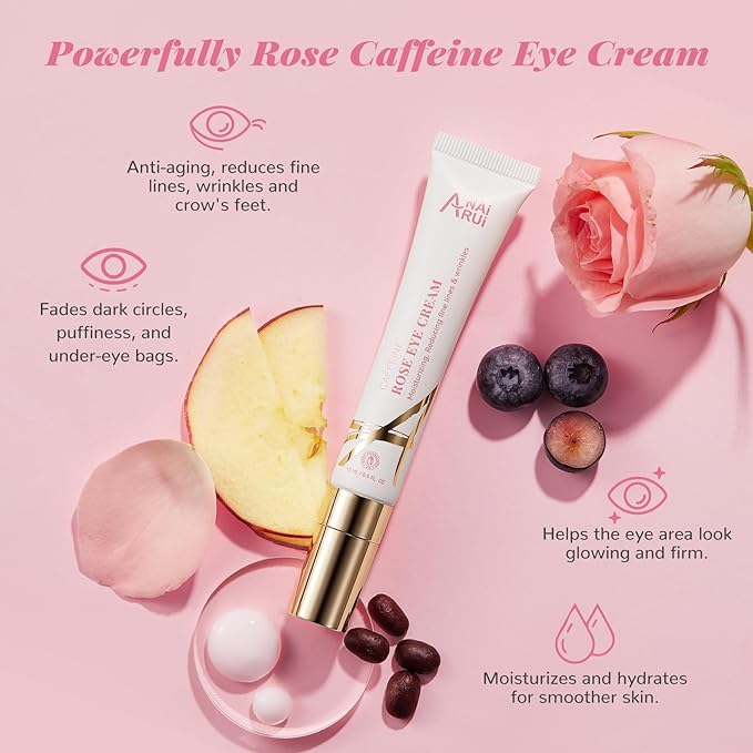 ANAI RUI Rose Caffeine Eye Cream for Dark Circles, Under Eye Serum for Puffiness Bags, Anti-Aging Eye Cream with Retinol, Collagen, Hydrating, Firming, Reduce Wrinkles and Fine Lines Daily 0.5 FL OZ-VivaGrace Women