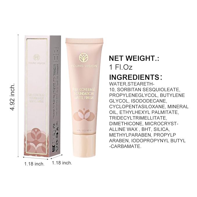 YOUNG VISION Full Coverage Longwear Foundation, Matte Finish, Waterproof, Poreless Liquid Foundation Makeup, 1 fl.oz-VivaGrace Women