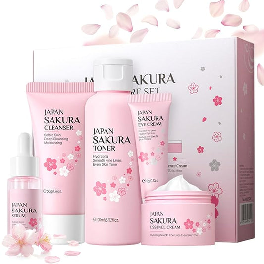 Sakura Skin Care Set, Women Gift Sets, Skin Care Kit with Cleanser, Toner, Serum, Eye Cream, Face Cream, Skin Care Routine Kit for Women, Even Skin Tone, Tighten & Firm Skin-VivaGrace Women