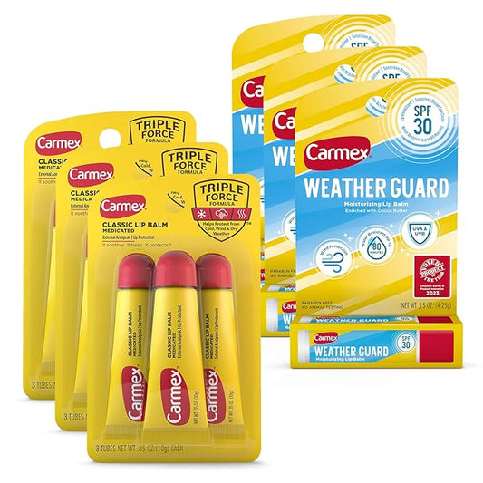 Carmex Lip Balm Bundle, 12 Count (9 Classic Lip Balm Tubes, 3 Weather Guard Lip Balm with SPF 30 Sticks)-VivaGrace Women