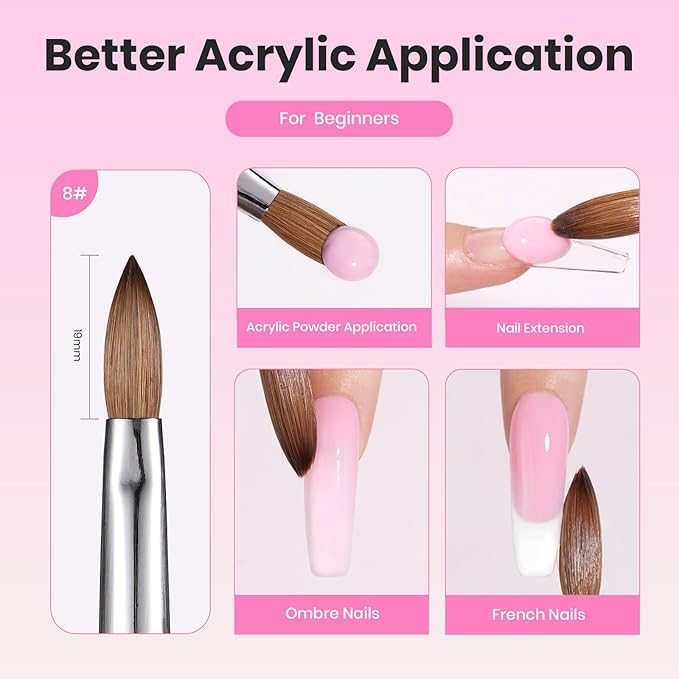 Beetles Acrylic Nail Brush Kolinsky Hair Bristles Round Shaped Metal Handle Nail Art Brushes for Acrylic Powder Manicure Extension DIY at Home Manicure Tool - Size 8-VivaGrace Women