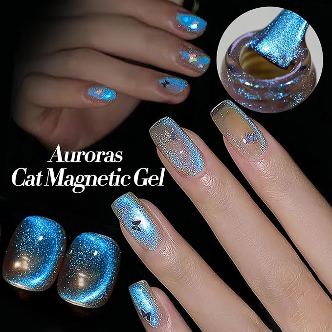 Born Pretty Cat Magnetic Eye Gel Nail Polish Aurora Mermaid Blue Purple Pink Yellow Red Gel Polish Glass Holographic Glitter Gel Nail Polish for Nail Art Manicure Salon DIY 6PCS 7ML-VivaGrace Women
