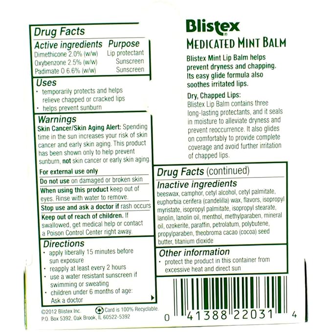 Blistex Medicated Mint Balm SPF 15 0.15 oz (Pack of 12)-VivaGrace Women