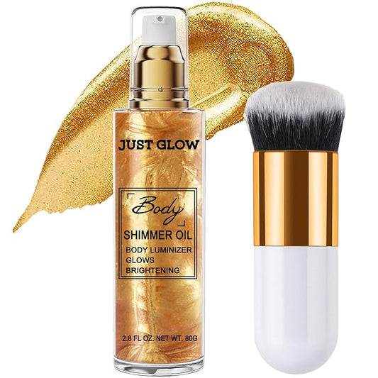 Shimmer Body Oil, Face and Body Liquid Luminizer Waterproof Moisturizing, Light Shimmer Glow Illuminator, Smooth Body Highlighter Makeup Liquid Body Shimmer (2# Gold)-VivaGrace Women