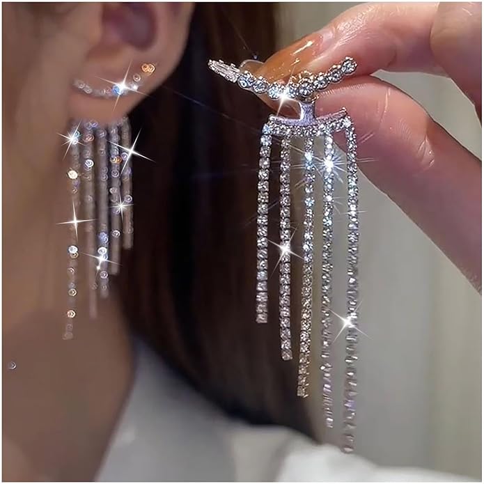 Vintage Rhinestone Chandelier Drop Earrings Crystal Ear Climber Earrings Long Tennis Chain Earrings Silver Cz Tennis Chain Tassel Earrings Jewelry for Women-VivaGrace Women
