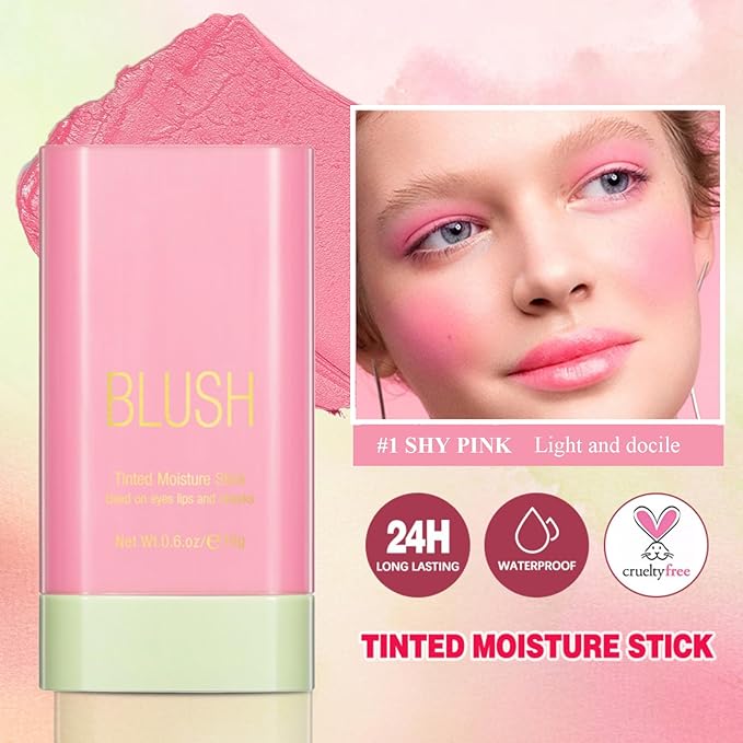 Blush Stick, Cream Blush Stick for Cheeks & Lips, Blendable Long-Lasting Multi-Use Contour Stick & Highlighter Makeup (#1 SHY PINK)-VivaGrace Women