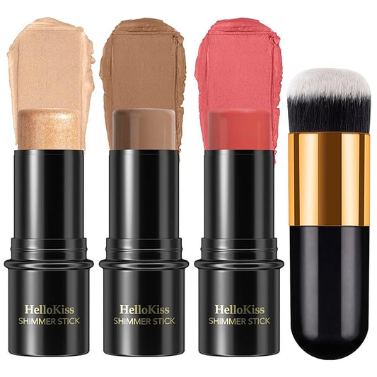 3 Pcs Face Contour Stick Kit, Matte Finish Face Stick Trio with Bronzer Blush Highlighter and Brush, Long Lasting Waterproof Cream Beauty Wand Makeup Set for Sculpt Glowing Face Look (#4, 10, 14)-VivaGrace Women