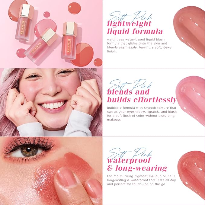 KIMUSE Soft Pink Gel-Cream Blush Trio, Liquid Blush for Cheeks, Weightless, Long-Wearing, Smudge Proof, Natural-Looking, Dewy Finish, Skin Tint Blush Makeup, 0.42 Fl Oz (love pink)-VivaGrace Women