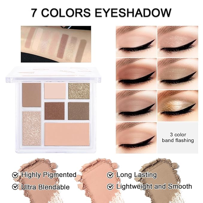 Makeup Kit for Teens Girls, Makeup Present Set for Women, Makeup Full Kit for Beginners, Mini Makeup Bundle Include 7 Nude colors Matte & Shimmer Pigmented Eyeshadow Palette, Eyebrow Powder-VivaGrace Women