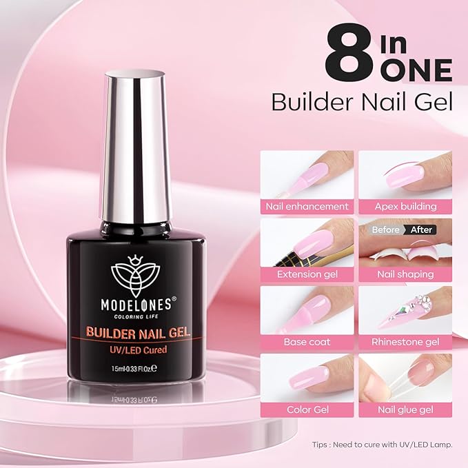 modelones Builder Nail Gel, 8-in-One Baby Pink Builder, Pastel Pink Rubber Base Gel Polish, LED Lamp Cured Color Base Hardener Apex Building Strengthener Extension for DIY Salon Girls Home-VivaGrace Women