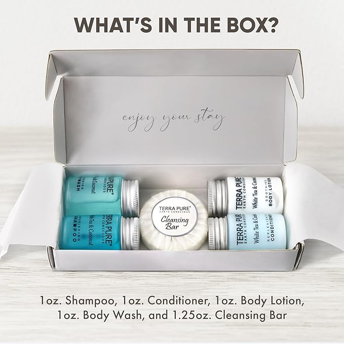 Terra Pure White Tea and Coconut Amenity Kit | Hotel Toiletries | 1oz Travel Size Shampoo, Conditioner, Lotion, Body Wash & Cleansing Bar for Guest Hospitality AirBnB/Vacation Rentals | 1 set/case-VivaGrace Women