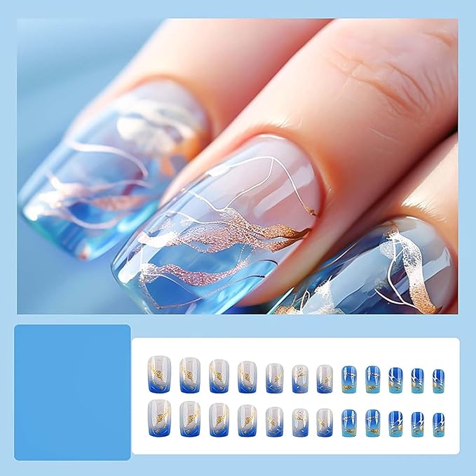 Medium Press on Nails Square Fake Nails with Glue Glossy Acrylic False Nails with Gold Glitter Designs Ice-Transparent Blue Gradient Glossy Artificial Nails Stick on Nails for Women 24Pcs