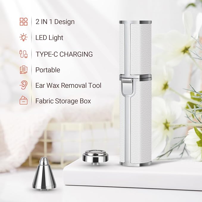 Nose Hair Trimmer for Women Men, Electric 2 in 1 Face Shaver and Eyebrow Trimmer, White Rechargeable Facial Hair Remover with Built-in LED Light-VivaGrace Women