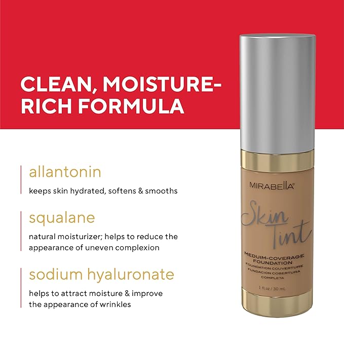 Mirabella Skin Tint Creme Liquid Foundation Makeup, Oil-Free Mineral Foundation for Medium Coverage - w/Hyaluronic Acid, Squalane, & Allantoin for All Skin Types - IC Cool-VivaGrace Women