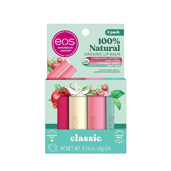 eos 100% Natural & Organic Lip Balm Sticks- Strawberry Sorbet, Vanilla Bean, Sweet Mint & Pomegranate Raspberry, Lip Care Products, 0.14 oz, 4-Pack-VivaGrace Women