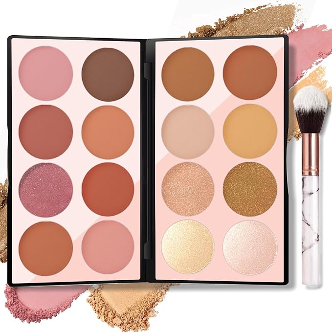 16 Colors Blush Contour Highlighter Makeup Palette with Brush, Matte Mineral Face Blush Powder for Cheek, Bright Shimmer Illuminator Bronzer Professional Facial Beauty Makeup Blushes Set-VivaGrace Women