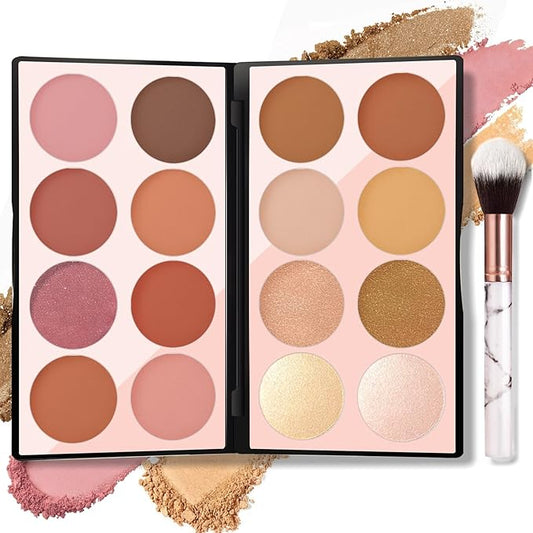 16 Colors Blush Contour Highlighter Makeup Palette with Brush, Matte Mineral Face Blush Powder for Cheek, Bright Shimmer Illuminator Bronzer Professional Facial Beauty Makeup Blushes Set-VivaGrace Women