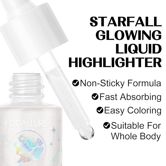 FOCALLURE Starfall Glowing Liquid Highlighter, Shimmering Body Oil, Non-Sticky Shimmer Liquid Luminizer, Non-Greasy, Face & Body Glitter Makeup for Costumes, Cosplay, Rave Festival, MOON CHILD-VivaGrace Women