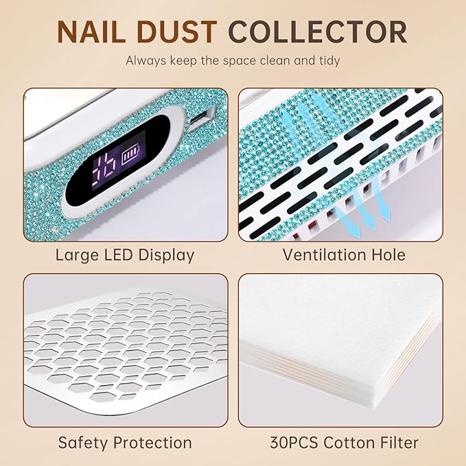 Nail Dust Collector, Rechargeable Dust Collector Nail Tech, Powerful Vacuum Fan Vent Dust Collector Extractor Dust Suction Machine for Acrylic Nails Polishing, Nail Salon&Home, Blue-VivaGrace Women