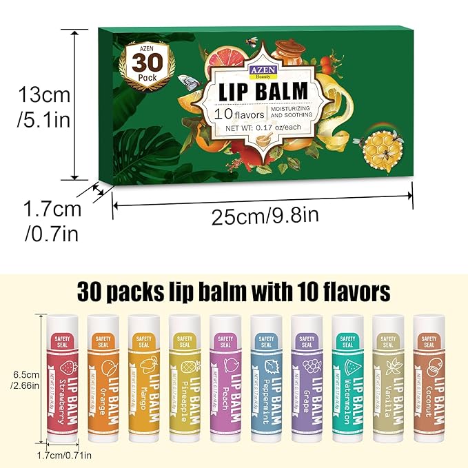 AZEN 30 Pack Lip Balm, Natural Lip Balm Bulk, Lip Care Product, Moisturizing Lip Balm for dry cracked lips - 10 Flavors-VivaGrace Women