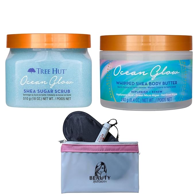 Ocean Glow Shea Sugar Scrub And Whipped Shea Body Butter Bundled With Beauty Patooty Self-Care Kit - Makeup Bag, Lip Balm, And Sleep Mask-VivaGrace Women