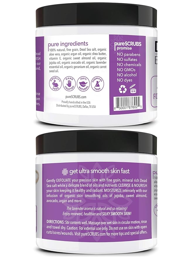 pureSCRUBS Premium Lavender Body Scrub Set - Large 16oz Dead Sea Salt Body Scrub With Infused Essential Oils & Nutrients, Includes Wooden Spoon, Loofah & Oatmeal Exfoliating Bar Soap-VivaGrace Women
