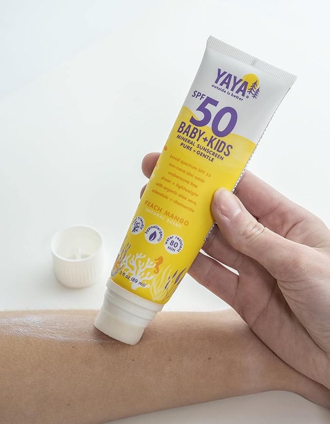 YAYA ORGANICS Baby + Kids Mineral Sunscreen with Free Sponge Applicators, SPF 50, Reef-Friendly, Non-Nano Zinc Oxide, Hypoallergenic, 3 oz, 2-pack