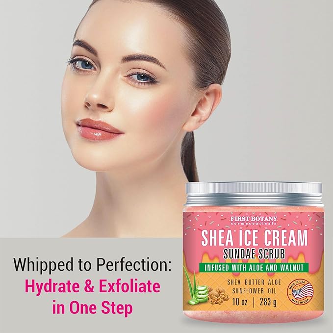 First Botany Body Scrub - Natural Exfoliating Salt Scrub & Body and Face Souffle helps with Moisturizing Skin, Acne, Cellulite, Dead Skin Scars, Wrinkles (10 fl oz, Shea Icecream)-VivaGrace Women