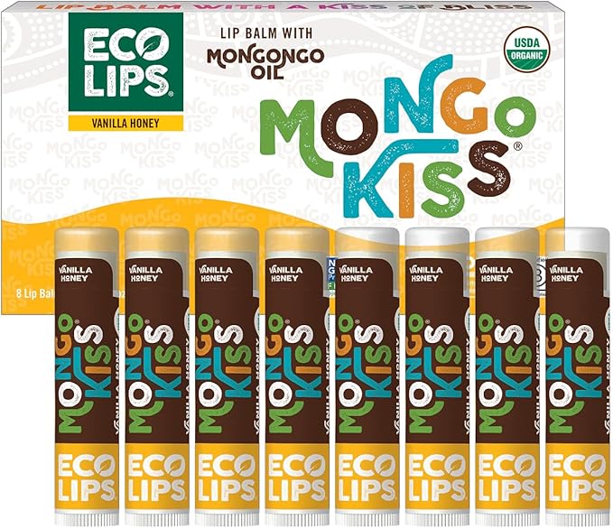 Mongo Kiss USDA Organic Lip Balm Set 8-pack (0.15 oz. each) with Mongongo Oil & Cocoa Butter to Moisturize Chapped Lips | Made in USA by Eco Lips - Honey Vanilla-VivaGrace Women